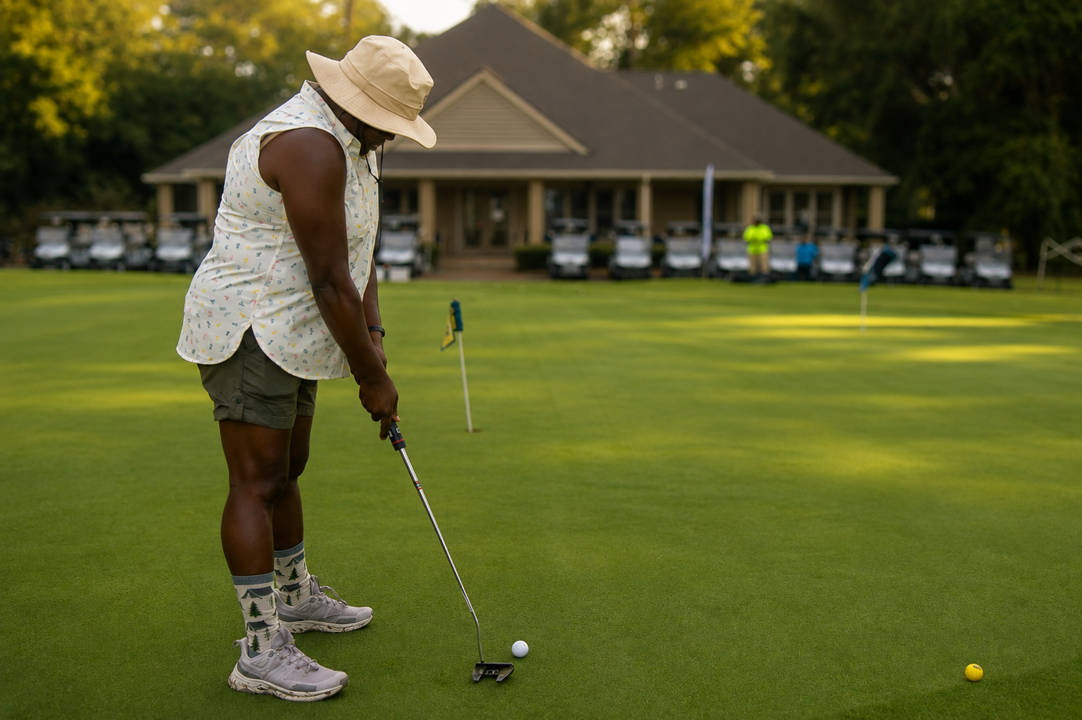 Cousin's Cup Golf Tournament @ Melanated Campout 10 A Camp Cousin putting on the practice green with the Lake Blackshear clubhouse and cart fleet behind